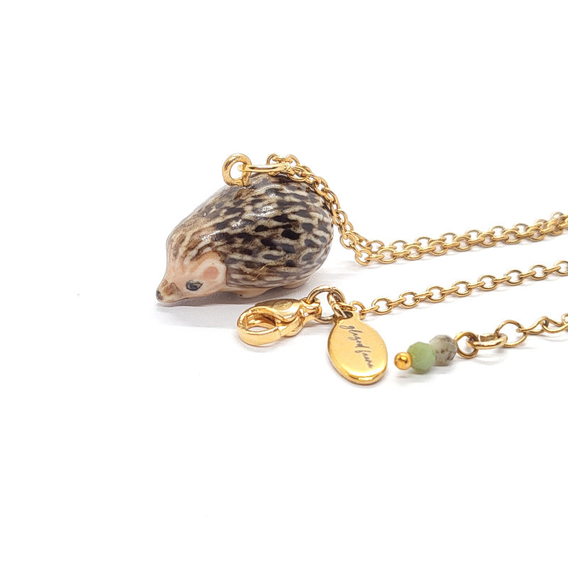 baby hedgehog ceramic pendant with Glazed Fauna tag and African Turquoise jasper stone beads