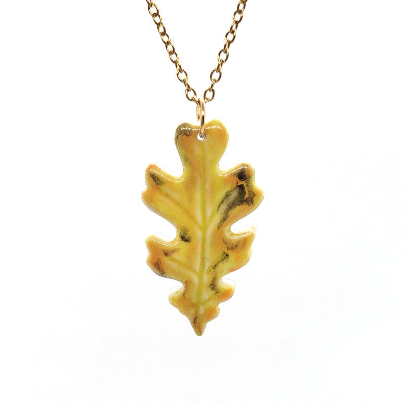 Autumn Oak Leaf ceramic pendant necklace on gold-plated chain