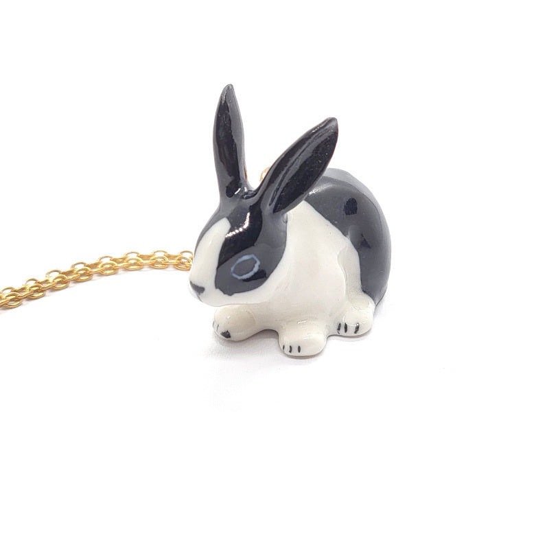 Dutch black and white rabbit ceramic pendant front view