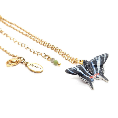 Zebra Swallowtail Butterfly pendant with gold-plated necklace chain and Glazed Fauna tag